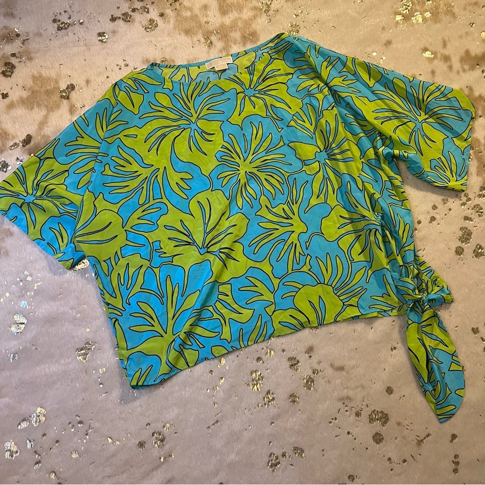 NWOT Michel Kors 3X Blue & Green Floral Pattern Tie Top